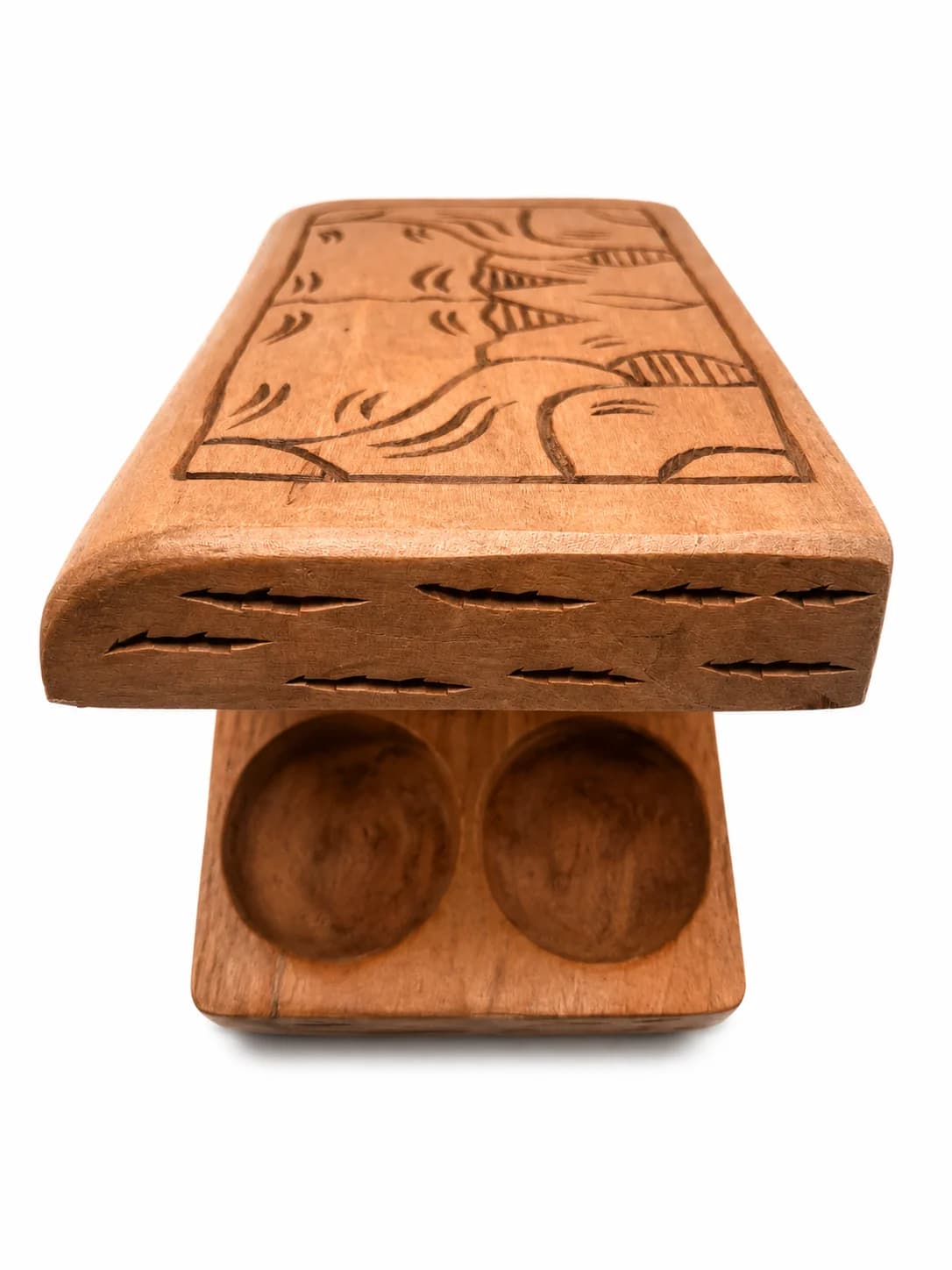 Awalé en coffret sculpté en bois de teck — Motif : Poisson dans la mer 3